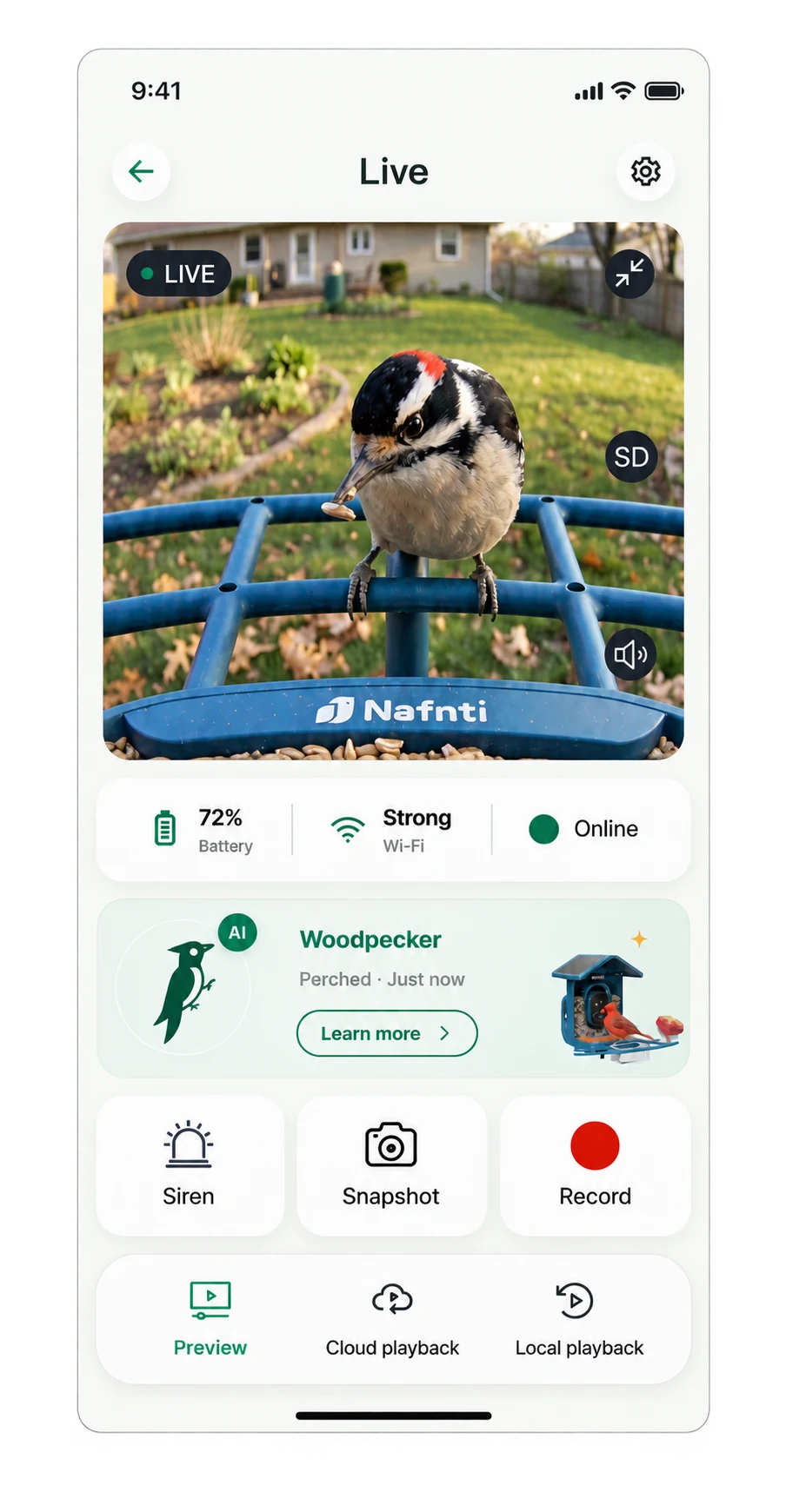Nafnti app illustration with live view, sound, snapshot and record controls