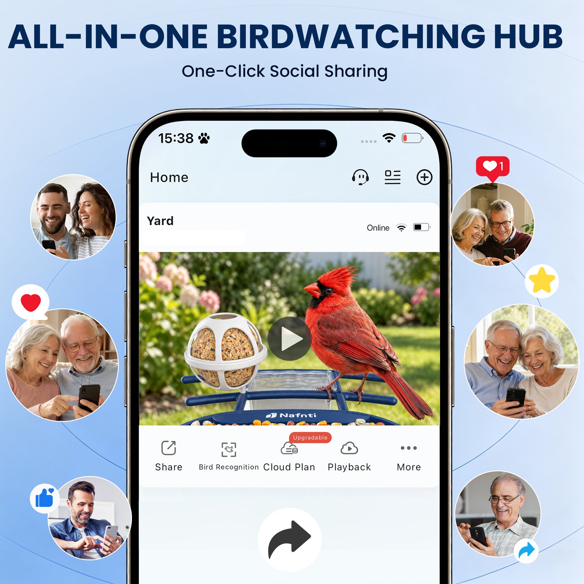 Nafnti Smart Bird Feeder with Camera, 2K Bird Feeder Outdoor with Solar Powered, Bird Camera with 10000+ AI Bird Identification, 5GHz/2.4GHz, IP65 Waterproof, Gift for Bird Lovers