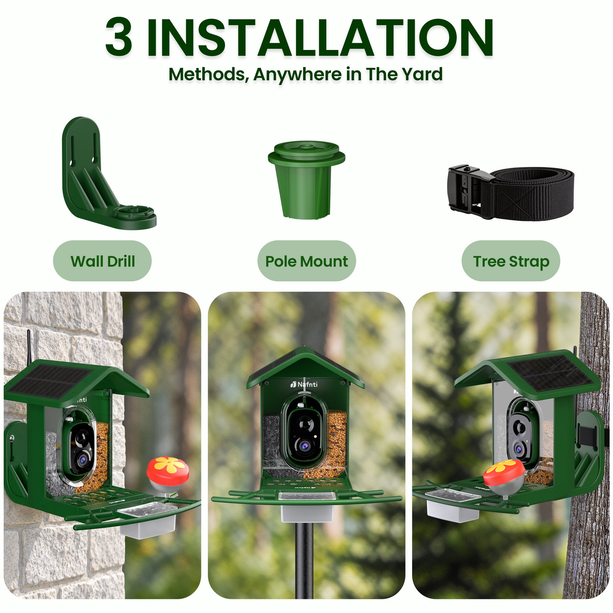Nafnti 2K Bird Feeder with Camera, Lifetime Free AI Recognition, 10000+ AI Bird Identification, Camera Bird Feeder with Solar Powered, 5GHz/2.4GHz