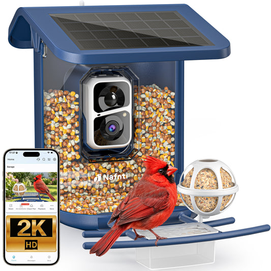 Nafnti Smart Bird Feeder with Camera, 2K Bird Feeder Outdoor with Solar Powered, Bird Camera with 10000+ AI Bird Identification, 5GHz/2.4GHz, IP65 Waterproof, Gift for Bird Lovers
