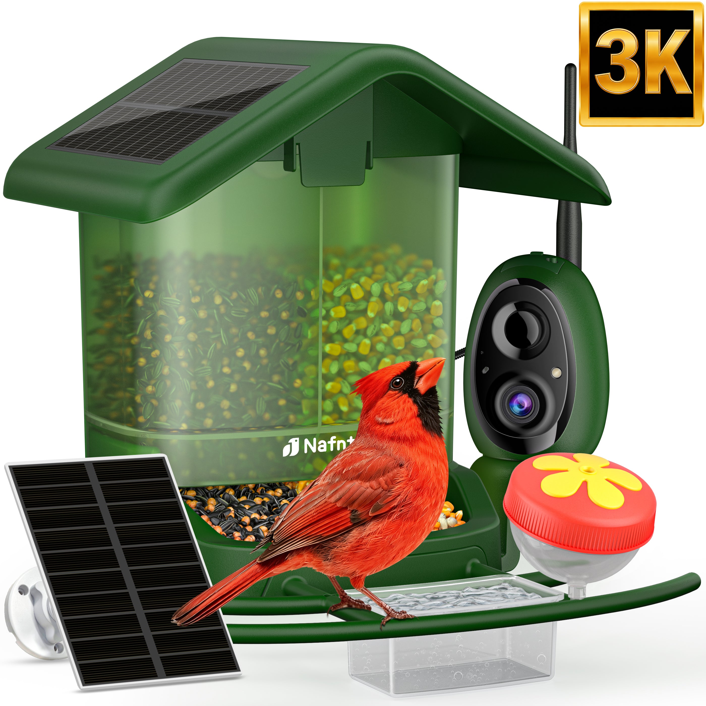 Nafnti Solar Bird Feeder with Camera, 5MP 3K HD Camera Bird Feeder, Ultra Wide 185° View, 2.5L Dual Hopper, Modular Easy Clean, 5200mAh Battery, 2.4GHz Wifi, AI Bird Identification, IP65 Weatherproof
