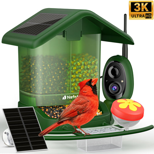 Nafnti Solar Bird Feeder with Camera, 5MP 3K HD Camera Bird Feeder, Ultra Wide 185° View, 2.5L Dual Hopper, Modular Easy Clean, 5200mAh Battery, 2.4GHz Wifi, AI Bird Identification, IP65 Weatherproof