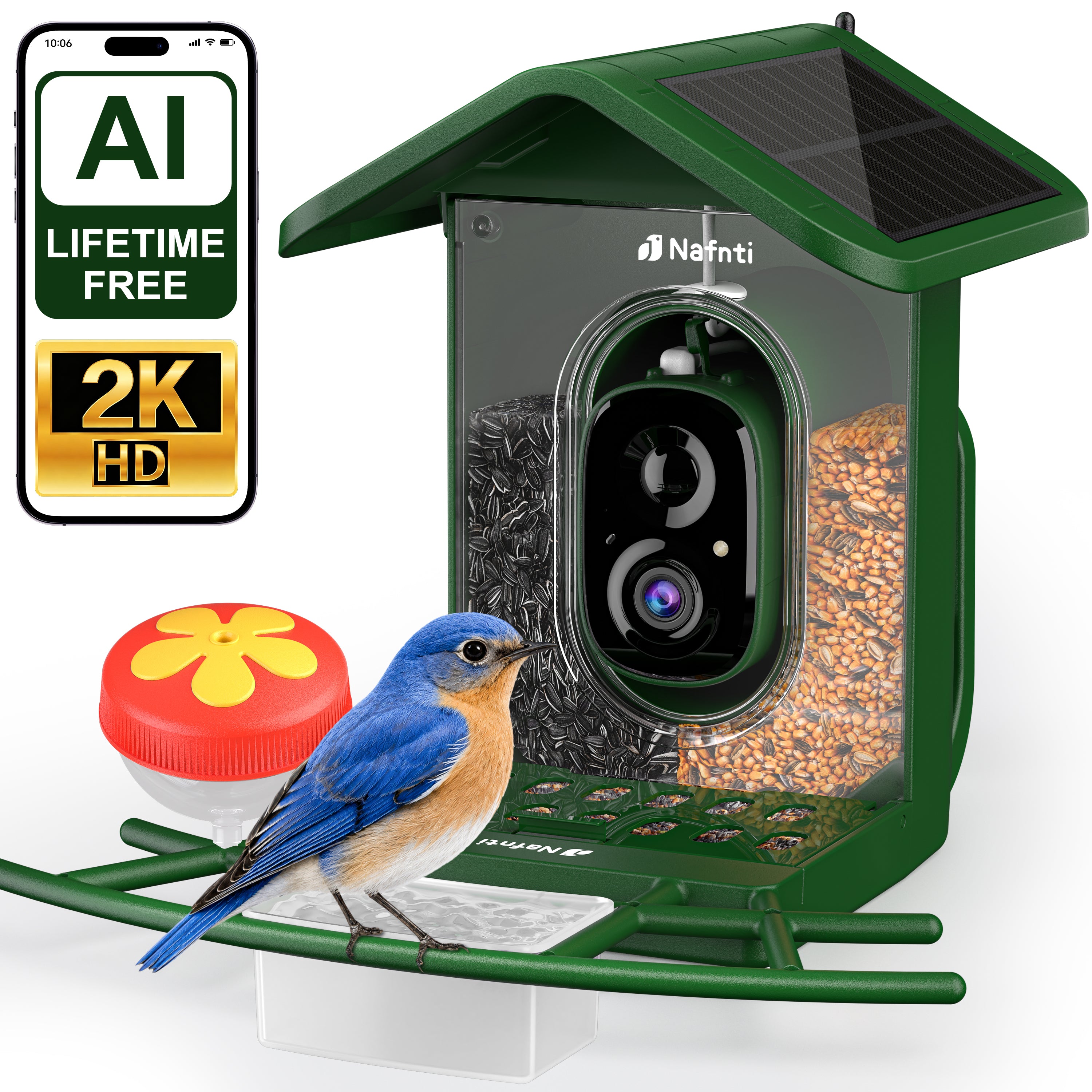 Nafnti 2K Bird Feeder with Camera, Lifetime Free AI Recognition, 10000+ AI Bird Identification, Camera Bird Feeder with Solar Powered, 5GHz/2.4GHz