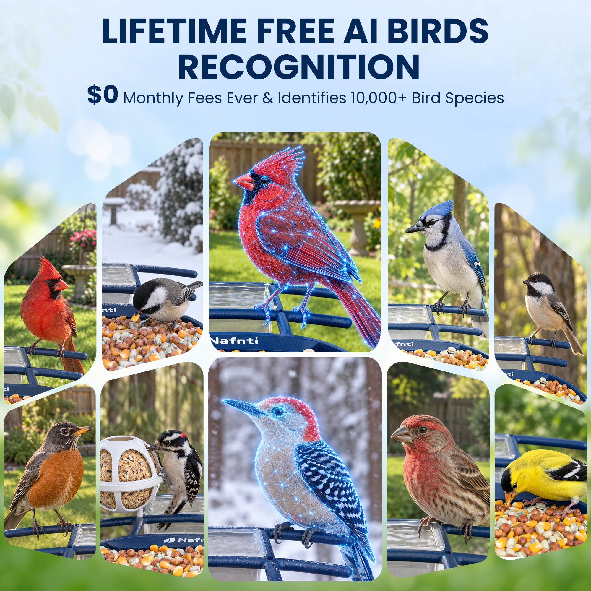 Nafnti Smart Bird Feeder with Camera, 2K Bird Feeder Outdoor with Solar Powered, Bird Camera with 10000+ AI Bird Identification, 5GHz/2.4GHz, IP65 Waterproof, Gift for Bird Lovers