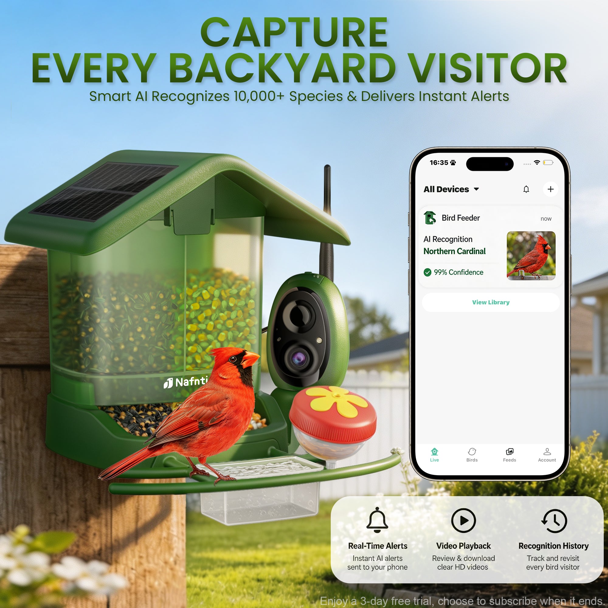 Nafnti Solar Bird Feeder with Camera, 5MP 3K HD Camera Bird Feeder, Ultra Wide 185° View, 2.5L Dual Hopper, Modular Easy Clean, 5200mAh Battery, 2.4GHz Wifi, AI Bird Identification, IP65 Weatherproof