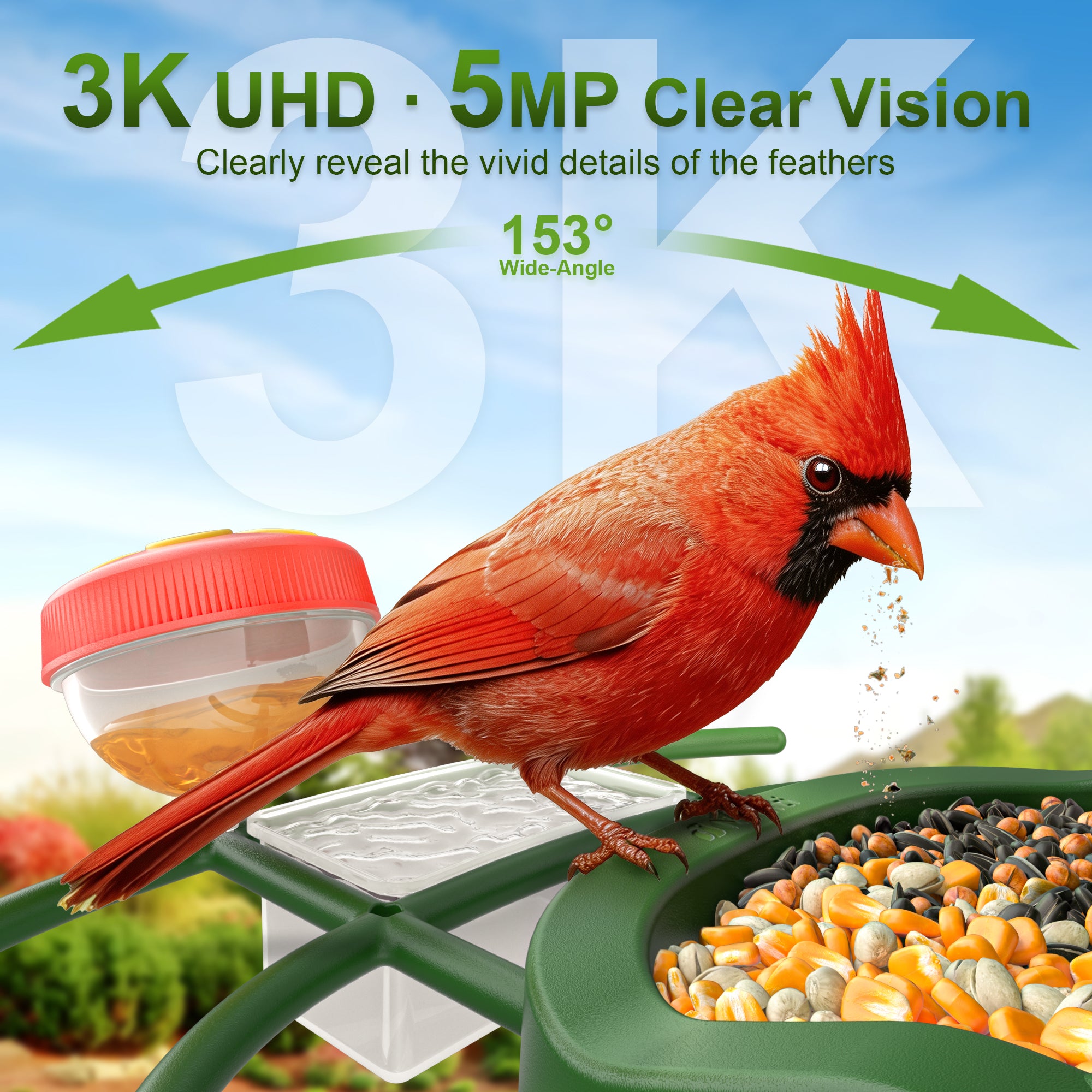 Nafnti Solar Bird Feeder with Camera, 5MP 3K HD Camera Bird Feeder, Ultra Wide 185° View, 2.5L Dual Hopper, Modular Easy Clean, 5200mAh Battery, 2.4GHz Wifi, AI Bird Identification, IP65 Weatherproof
