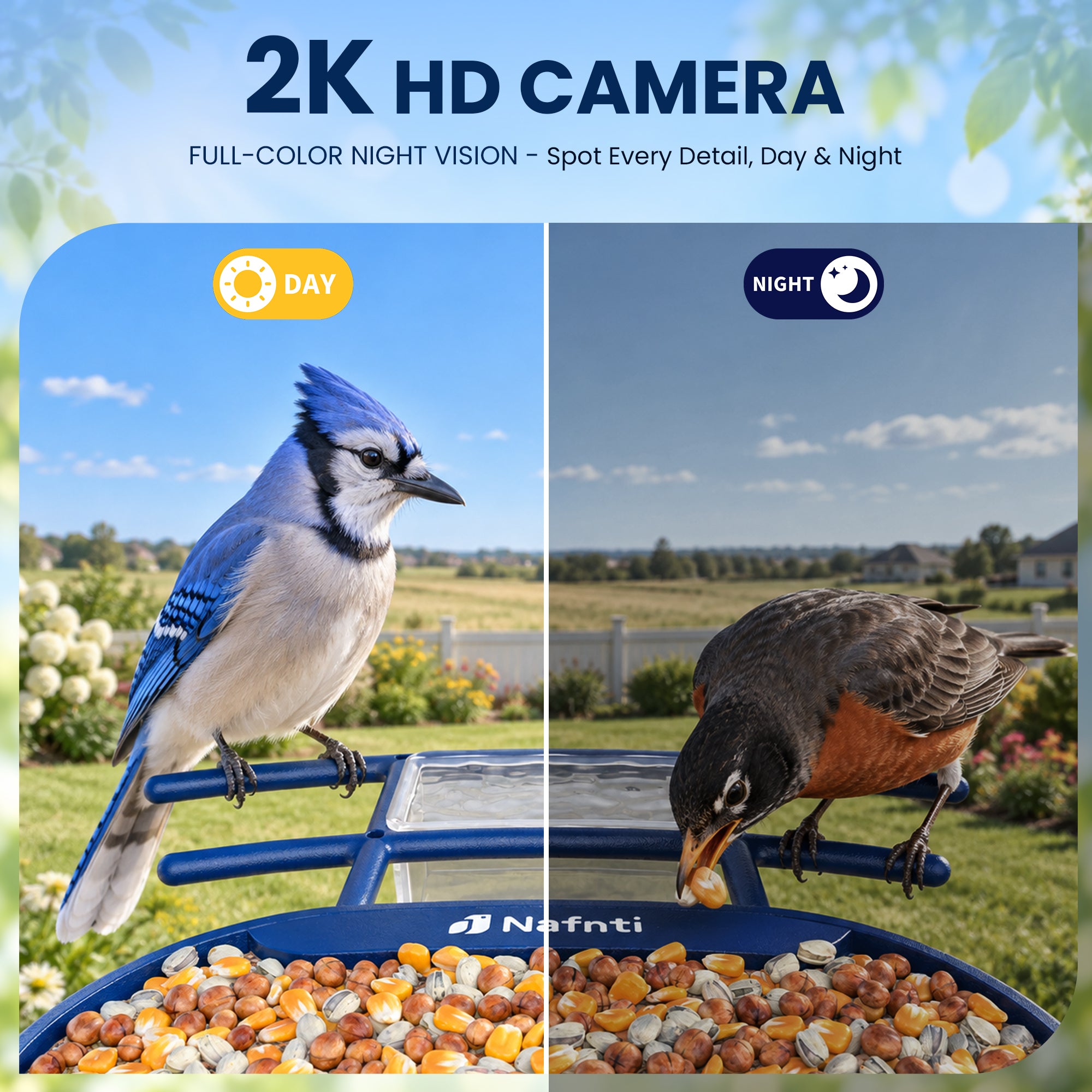 Nafnti Smart Bird Feeder with Camera, 2K Bird Feeder Outdoor with Solar Powered, Bird Camera with 10000+ AI Bird Identification, 5GHz/2.4GHz, IP65 Waterproof, Gift for Bird Lovers