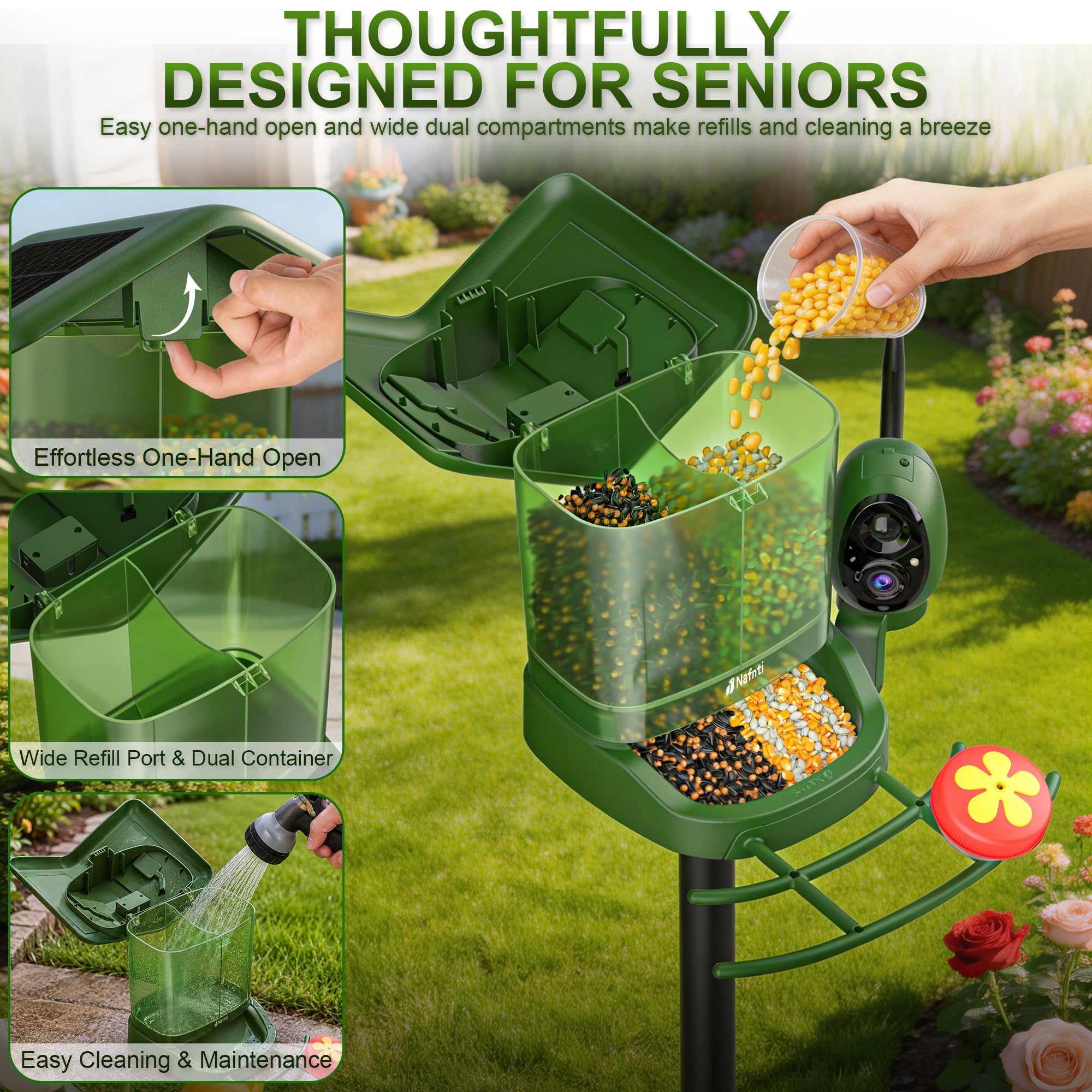 Nafnti Solar Bird Feeder with Camera, 5MP 3K HD Camera Bird Feeder, Ultra Wide 185° View, 2.5L Dual Hopper, Modular Easy Clean, 5200mAh Battery, 2.4GHz Wifi, AI Bird Identification, IP65 Weatherproof