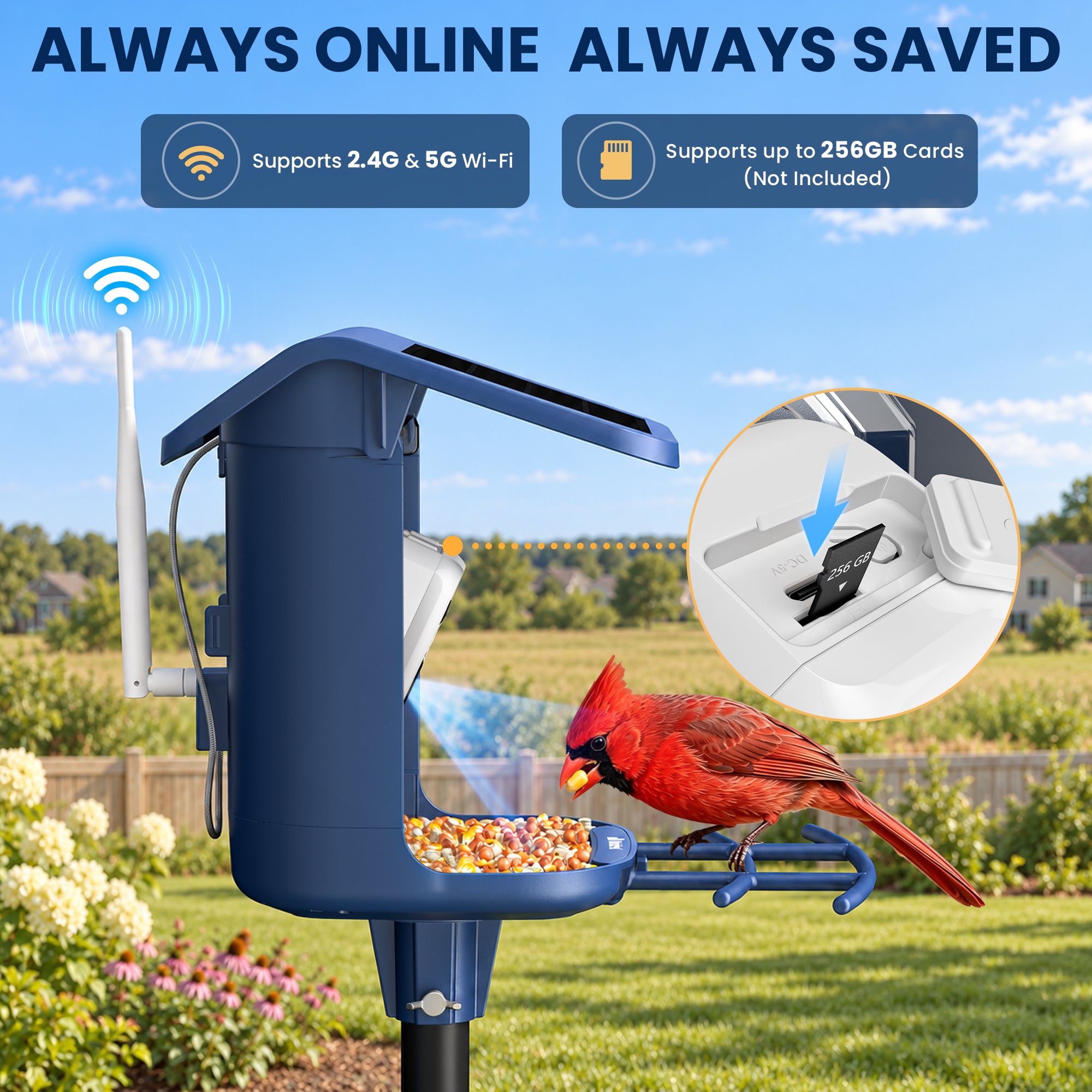 Nafnti Smart Bird Feeder with Camera, 2K Bird Feeder Outdoor with Solar Powered, Bird Camera with 10000+ AI Bird Identification, 5GHz/2.4GHz, IP65 Waterproof, Gift for Bird Lovers