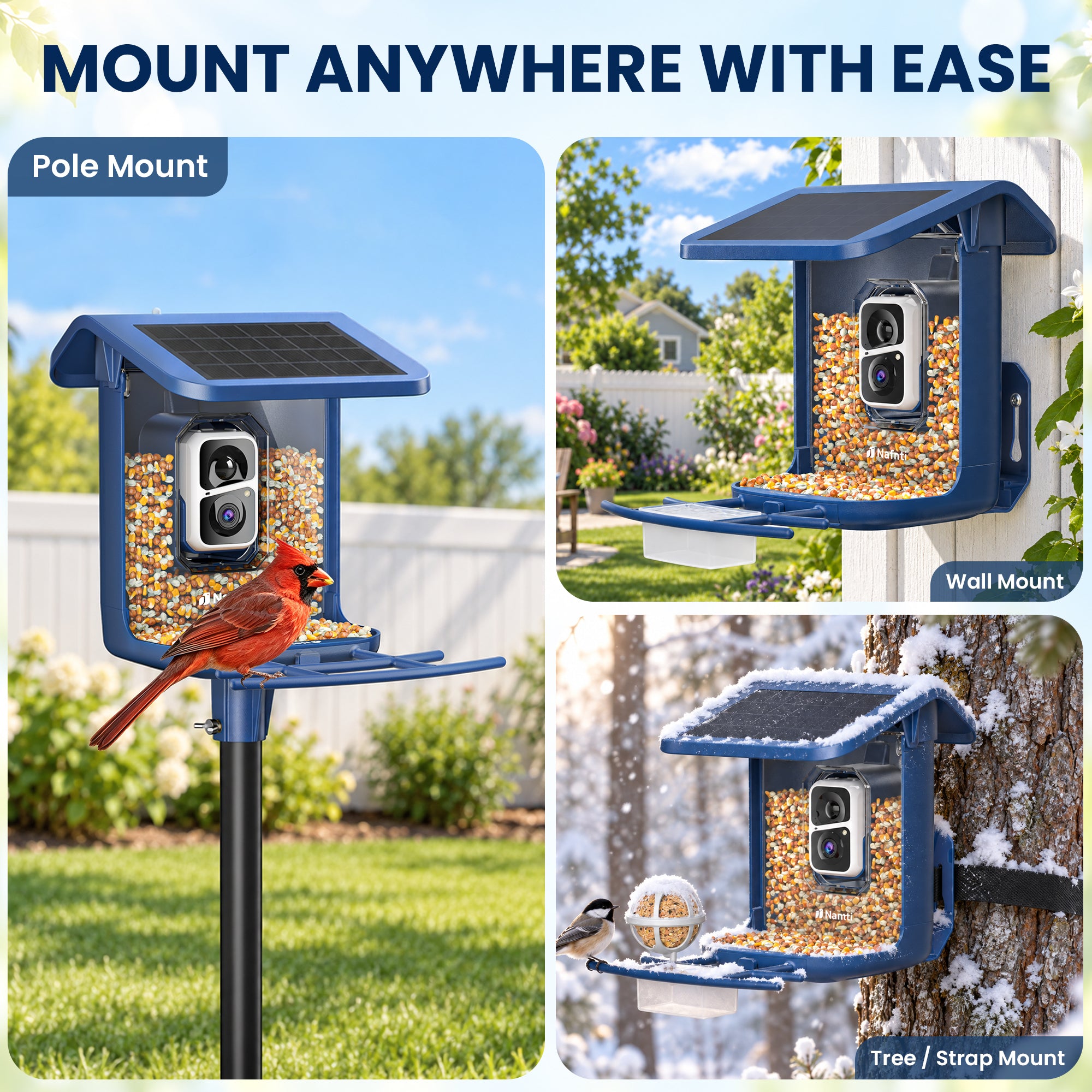 Nafnti Smart Bird Feeder with Camera, 2K Bird Feeder Outdoor with Solar Powered, Bird Camera with 10000+ AI Bird Identification, 5GHz/2.4GHz, IP65 Waterproof, Gift for Bird Lovers