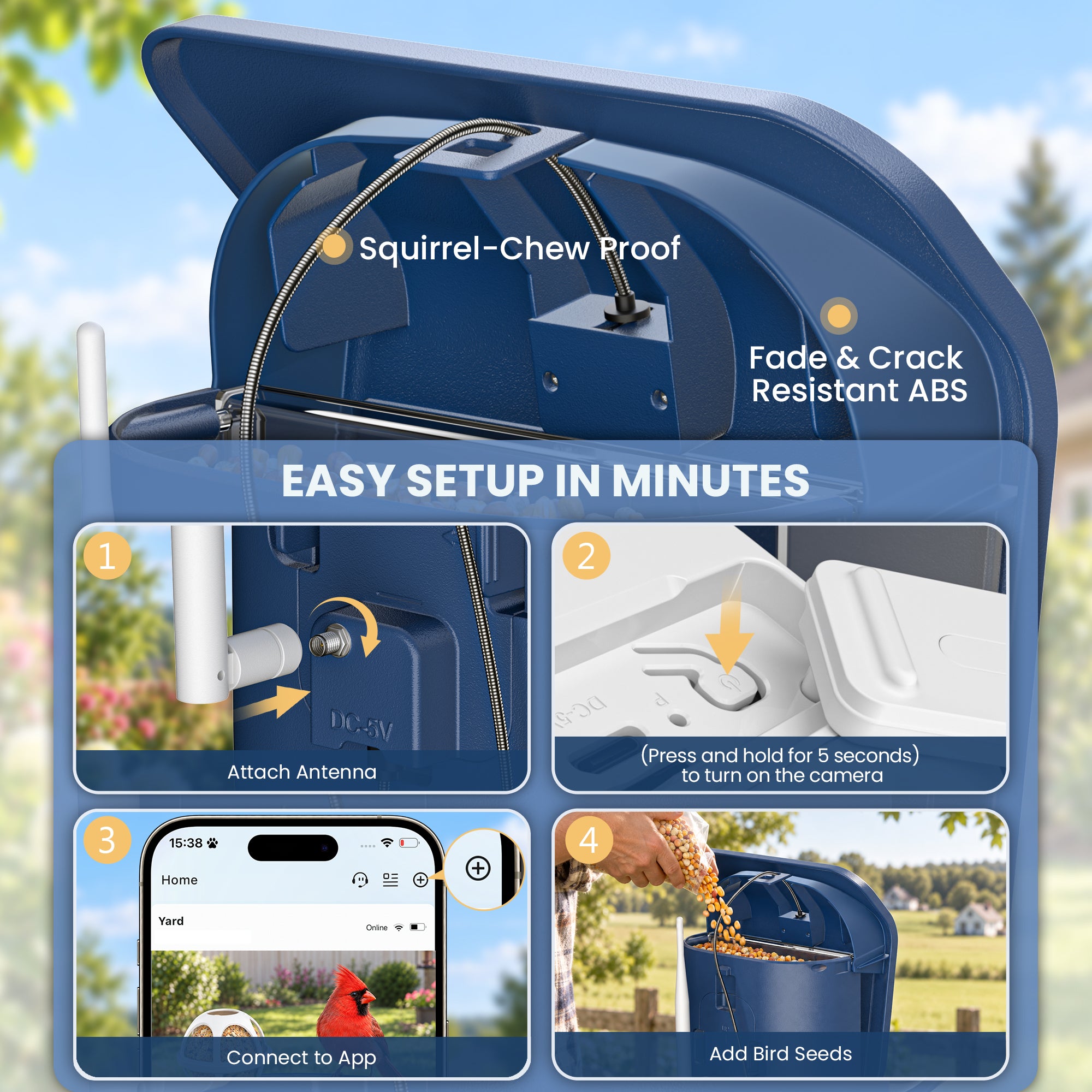 Nafnti Smart Bird Feeder with Camera, 2K Bird Feeder Outdoor with Solar Powered, Bird Camera with 10000+ AI Bird Identification, 5GHz/2.4GHz, IP65 Waterproof, Gift for Bird Lovers