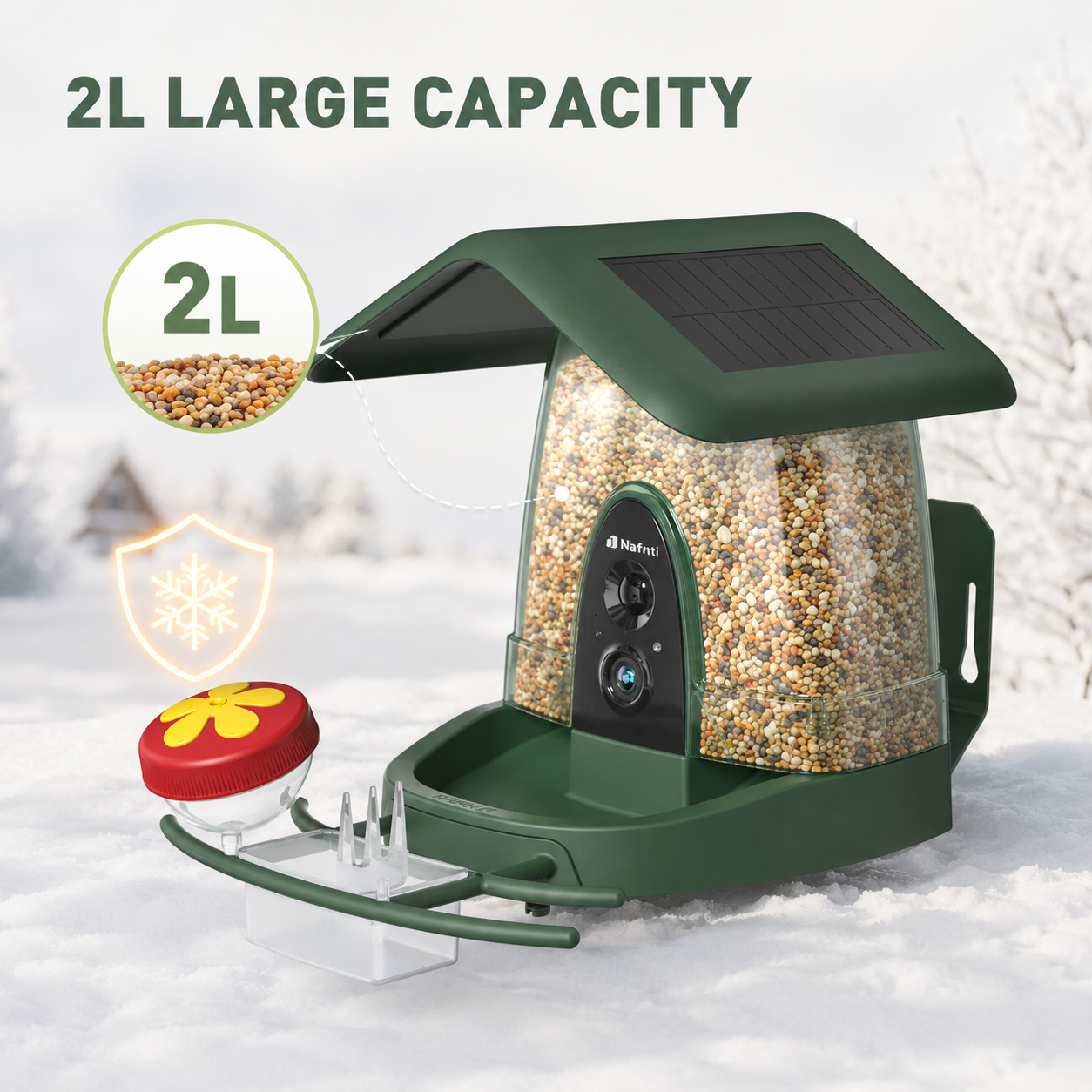 Nafnti Smart Bird Feeder with Camera, 4K HD Camera Bird Feeder, 10,000+ Species AI Bird Identification, 3W Solar Powered Roof, 2.4GHz WIFI, IP65 Waterproof, Gift for Bird Lovers