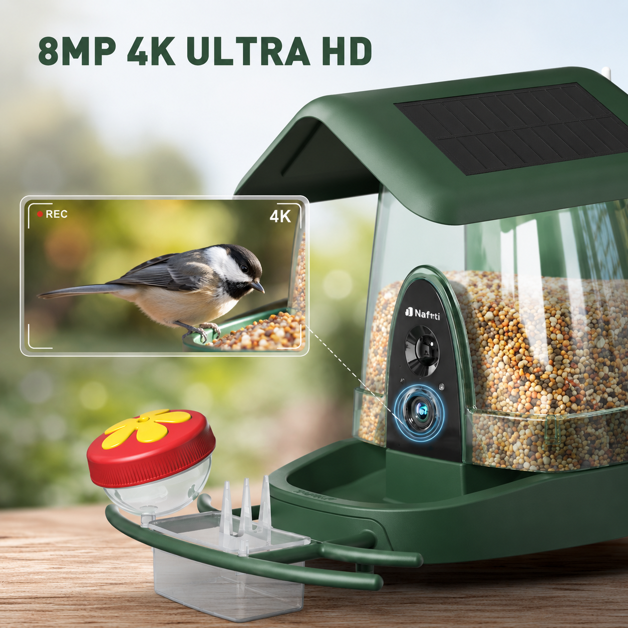 Nafnti Smart Bird Feeder with Camera, 4K HD Camera Bird Feeder, 10,000+ Species AI Bird Identification, 3W Solar Powered Roof, 2.4GHz WIFI, IP65 Waterproof, Gift for Bird Lovers