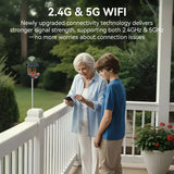 A grandmother and grandson using a smartphone to watch birds via 2.4G and 5G dual-band WiFi connectivity on a balcony.
