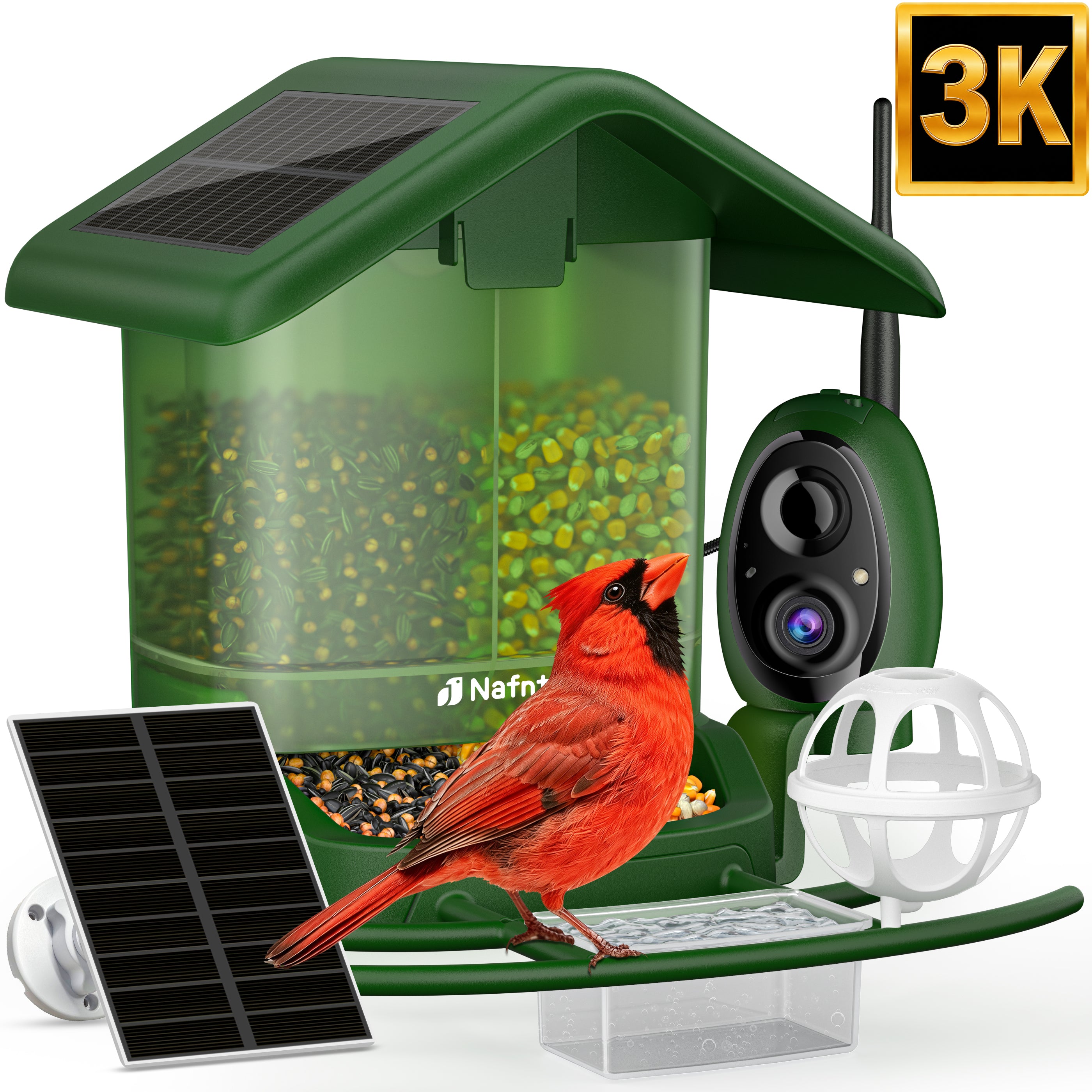 Nafnti Solar Bird Feeder with Camera, 5MP 3K HD Camera Bird Feeder, Ultra Wide 185° View, 2.5L Dual Hopper, Modular Easy Clean, 5200mAh Battery, 2.4GHz Wifi, AI Bird Identification, IP65 Weatherproof