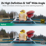 Color-coded comparison chart showing 2K HD clarity versus 1080p on a Nafnti camera featuring a yellow bird.