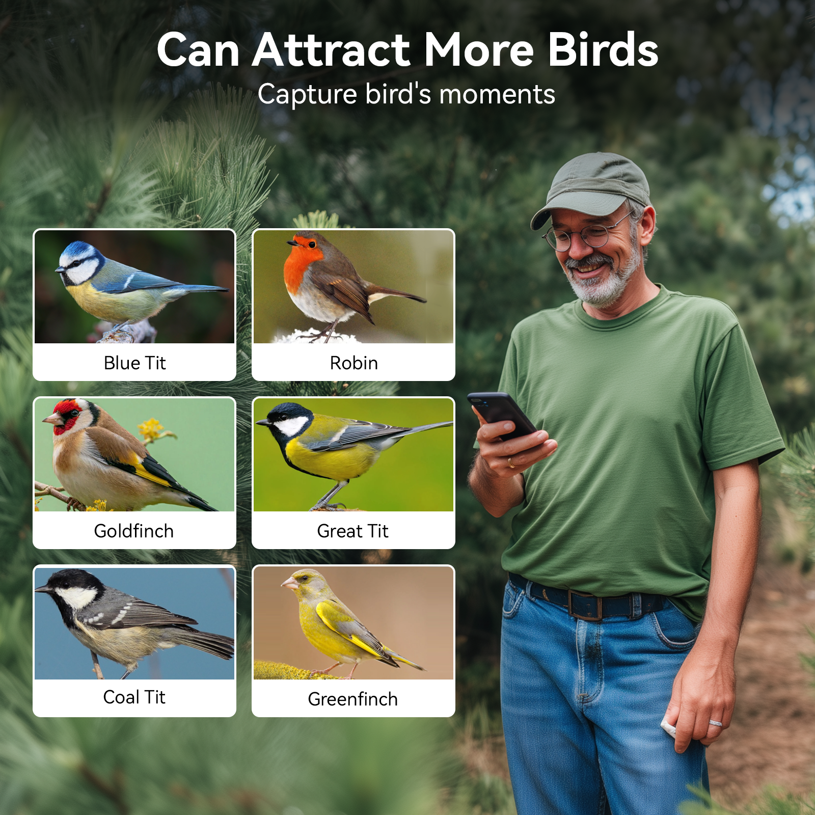 The O-kam app screen displaying a list of identified birds including a blue tit and robin with detailed icons.