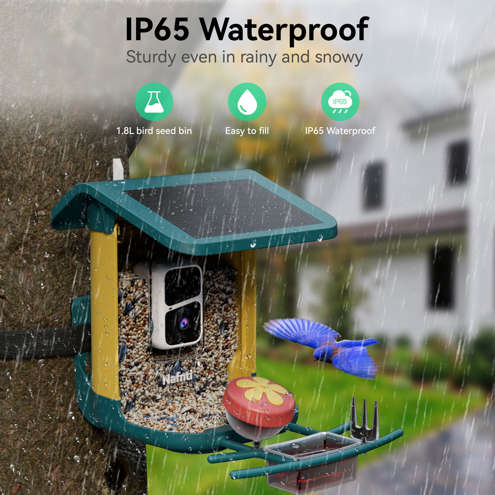 Close-up of a teal Nafnti smart bird feeder with water droplets during a heavy rain, showing IP65 waterproof rating.
