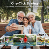 Happy grandparents and child sharing bird watching moments via the one-click sharing feature of the smart bird camera app.