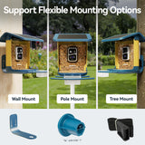 Infographic showing flexible mounting options for the smart bird feeder including wall mount, pole mount, and tree mount.
