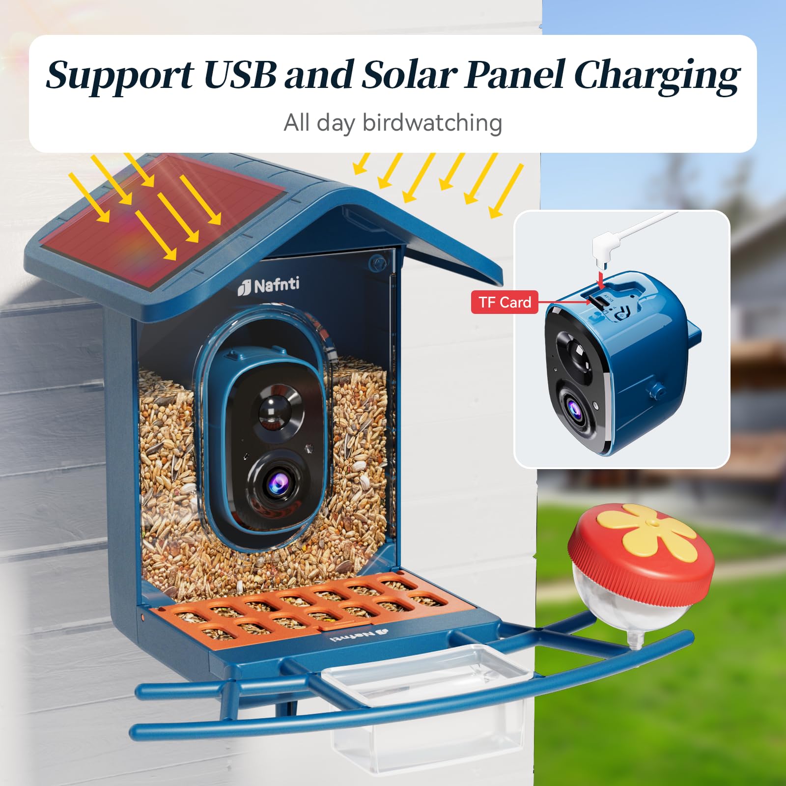 Smart bird camera supporting solar panel and USB charging with a TF card slot for local video storage.