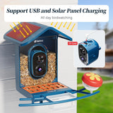 Smart bird camera supporting solar panel and USB charging with a TF card slot for local video storage.