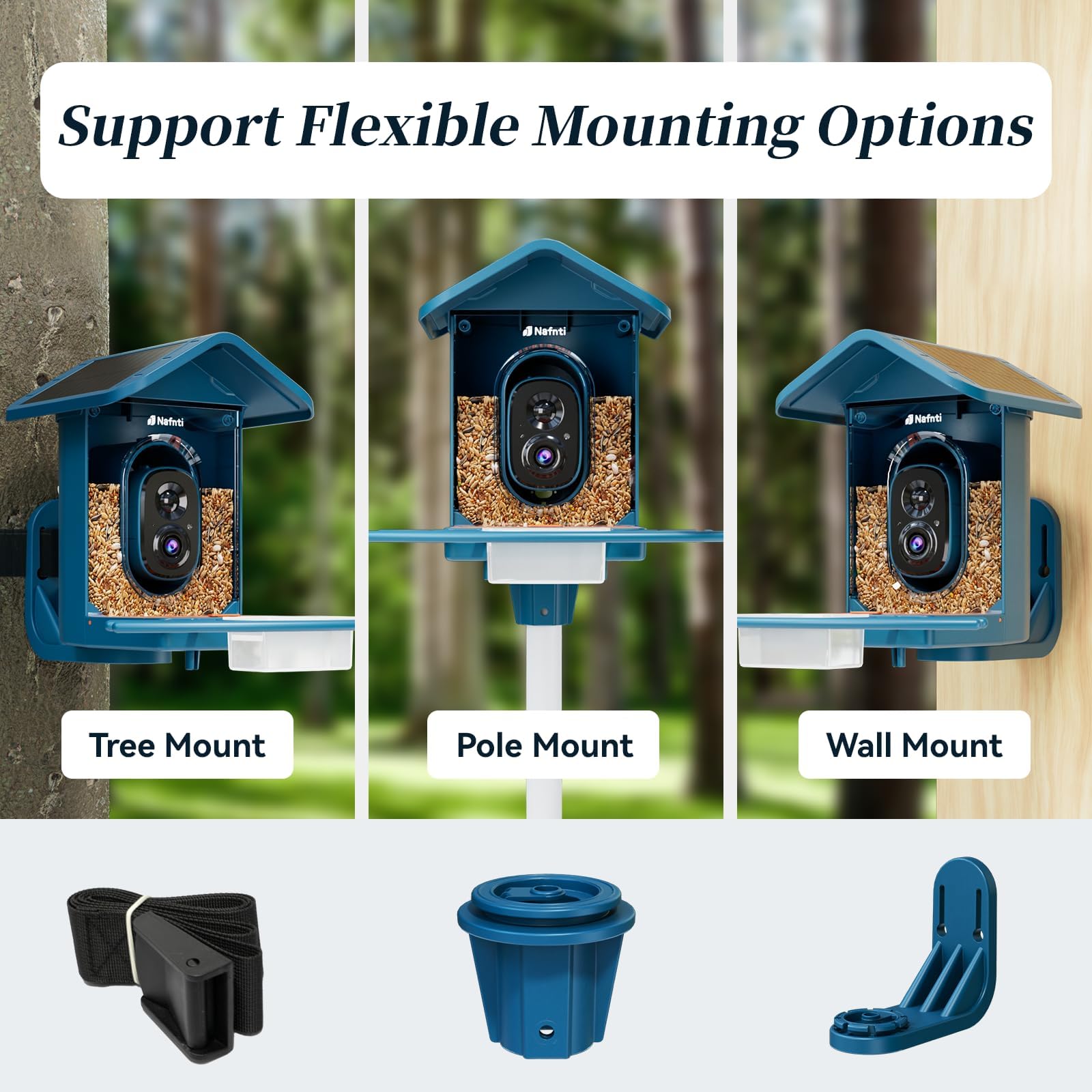 Three flexible mounting options for the smart bird feeder: tree strap, pole mount, and wall bracket included in the kit.