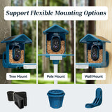 Three flexible mounting options for the smart bird feeder: tree strap, pole mount, and wall bracket included in the kit.