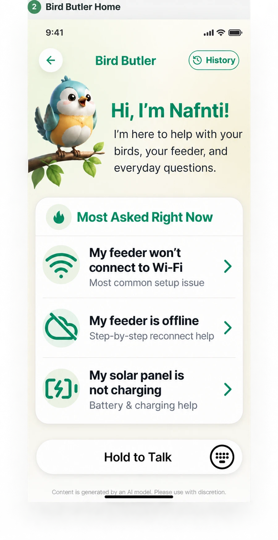 Bird Butler App concept with bird and feeder help topics
