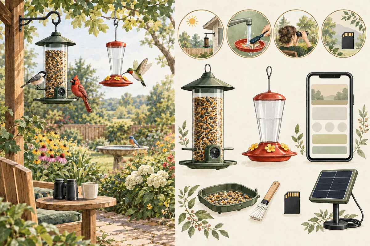 Editorial illustration of feeder types, a phone, cleaning tools, storage and power options.