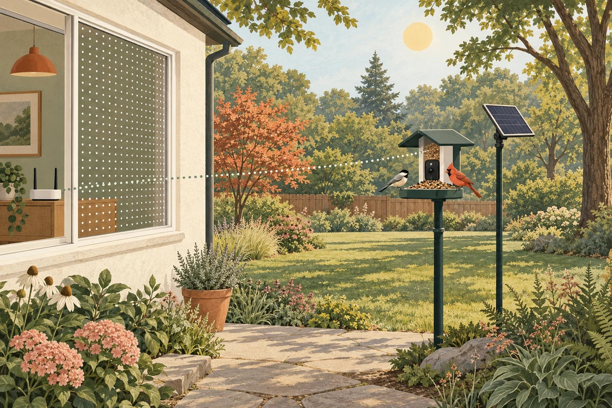 Concept illustration of a backyard camera feeder, treated window, connection path, separate solar panel and accessible garden path.