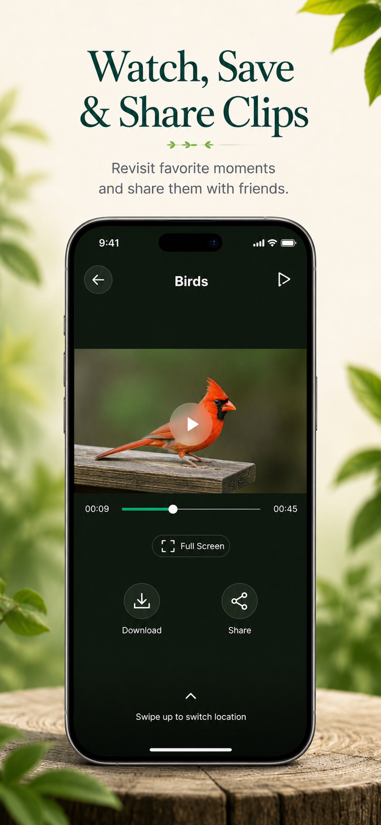 Nafnti official app artwork showing video playback, download and share controls